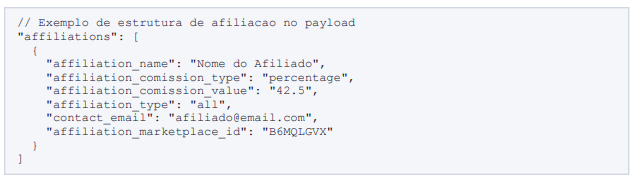 Visão do payload do Webhook contendo informações sobre Afiliados e Coprodutores